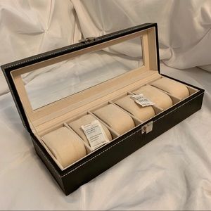 Watch Case - Black Leather - glass top - 6 slots